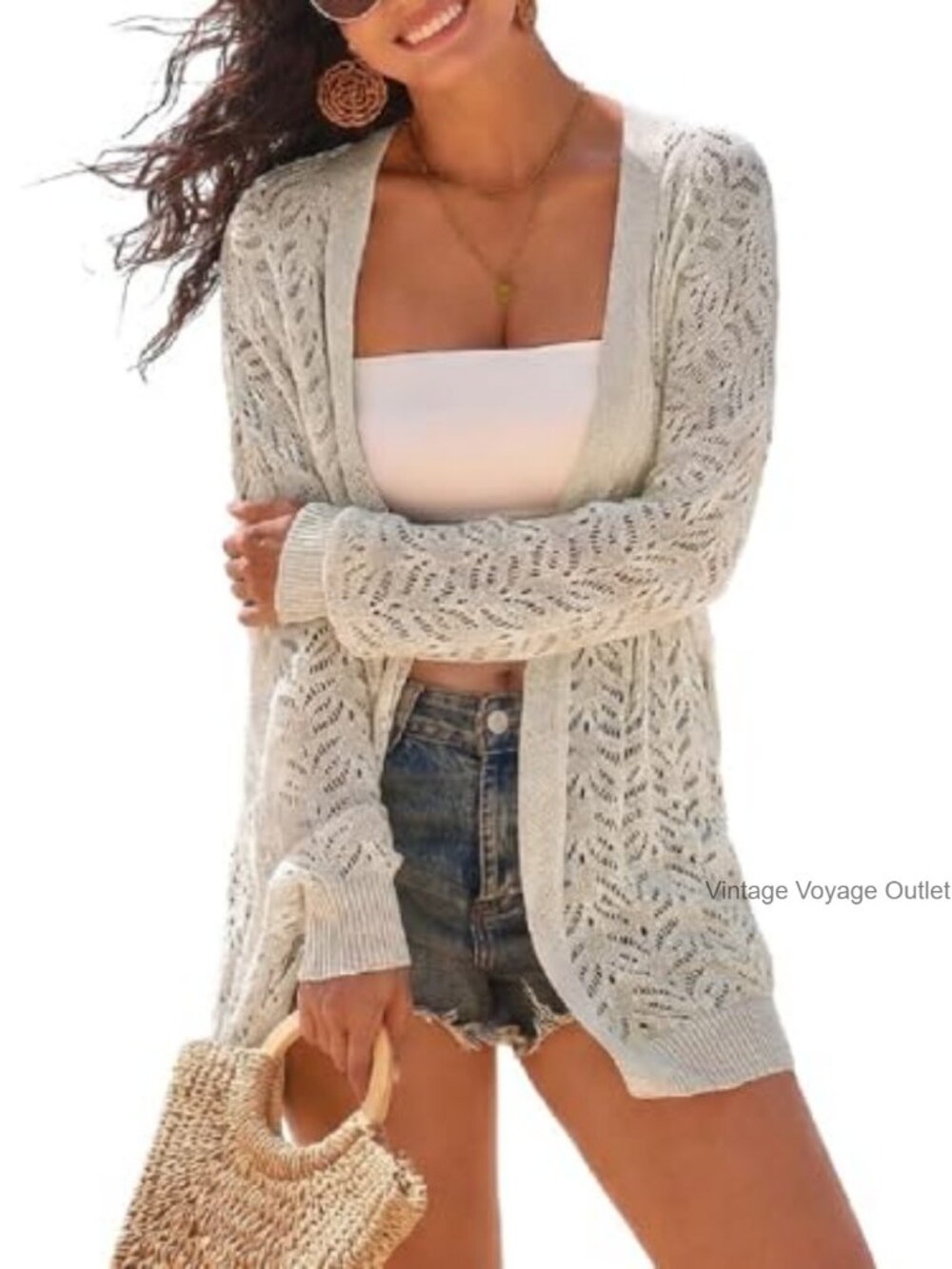 Oversized Crochet Linen Blend Cardigan Lightweight Beach Coverup